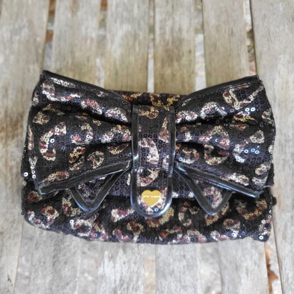 BETSEY JOHNSON Leopard Sequin Big Bow Crossbody Mini Bag x/ chain